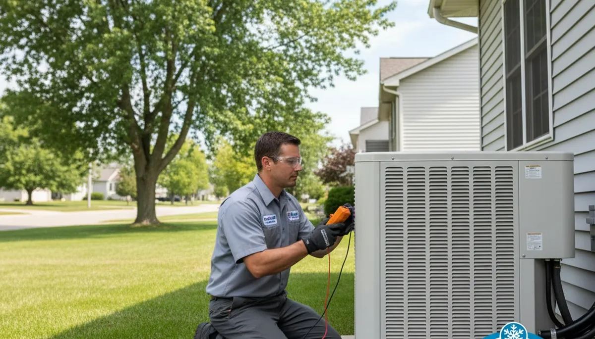 Professional AC repair technician servicing air conditioner in Minneapolis MN home