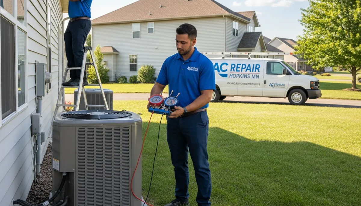Professional AC repair technician servicing air conditioner in Minneapolis MN home