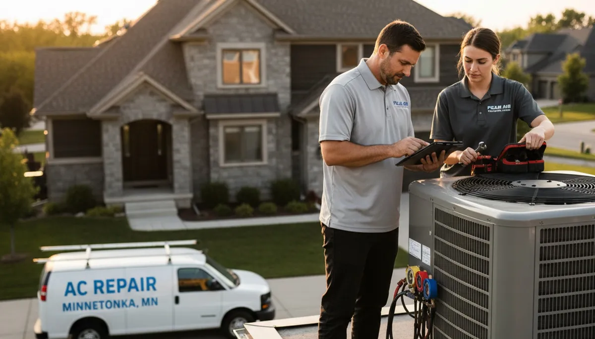 Professional AC repair technician servicing air conditioner in Minneapolis MN home
