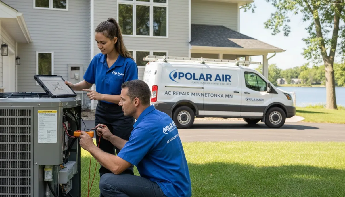 Professional AC repair technician servicing air conditioner unit in Minneapolis MN