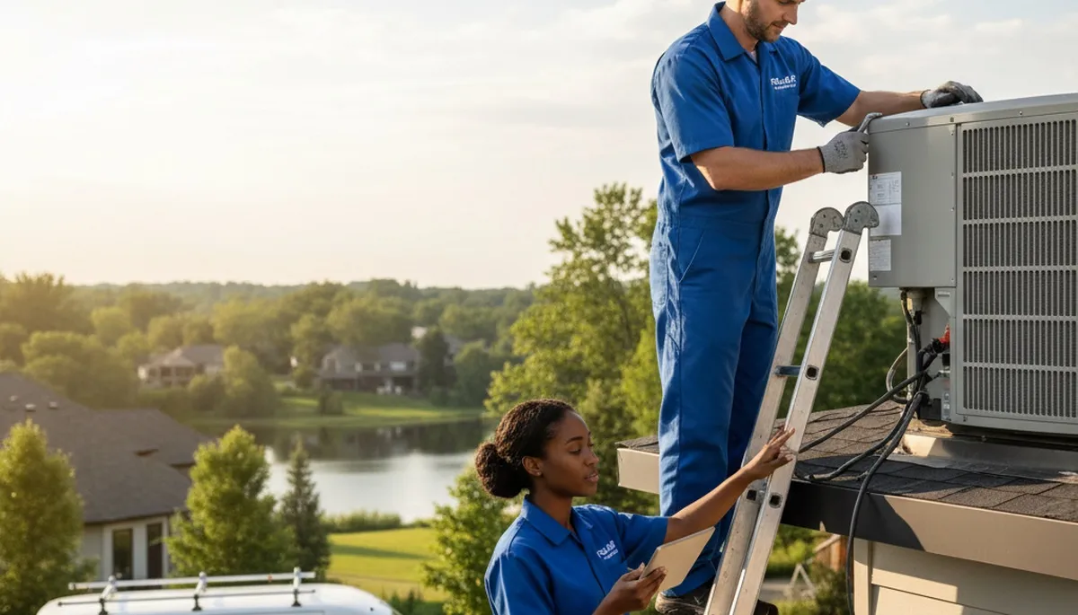 Certified AC repair technician servicing home air conditioner in Minneapolis, MN