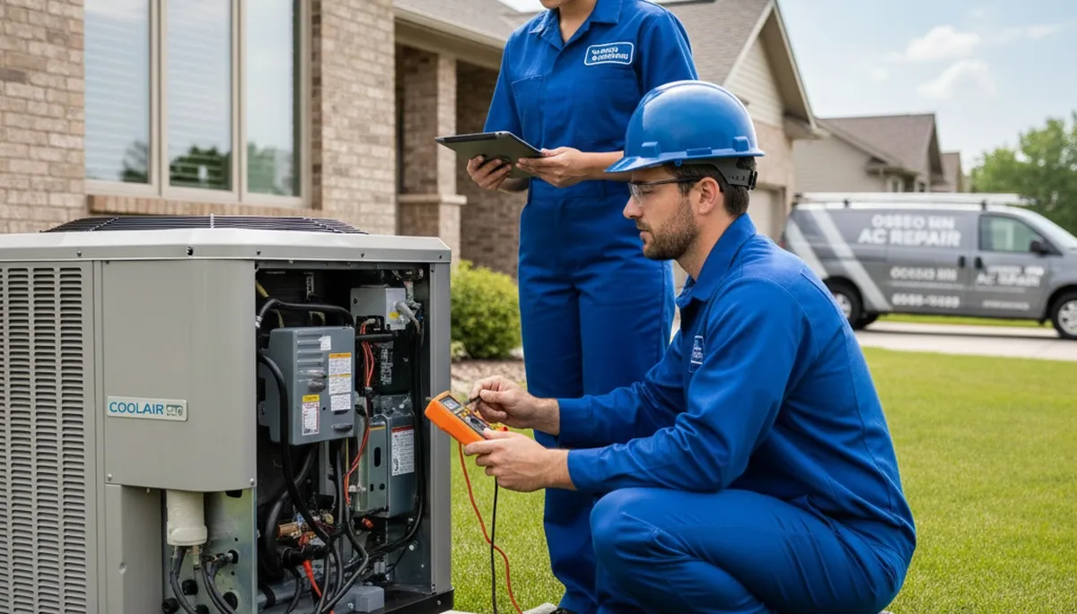 Professional AC repair technician servicing air conditioner unit in Minneapolis MN