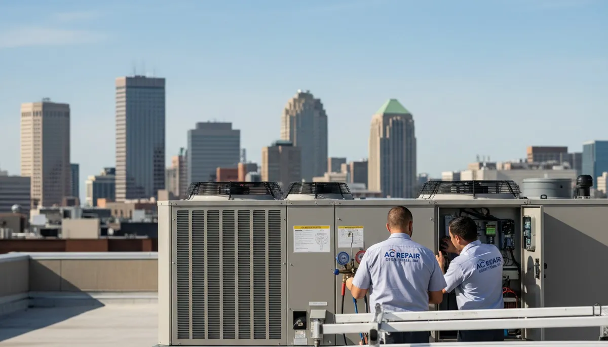 Professional AC repair technician servicing air conditioner in Minneapolis MN home