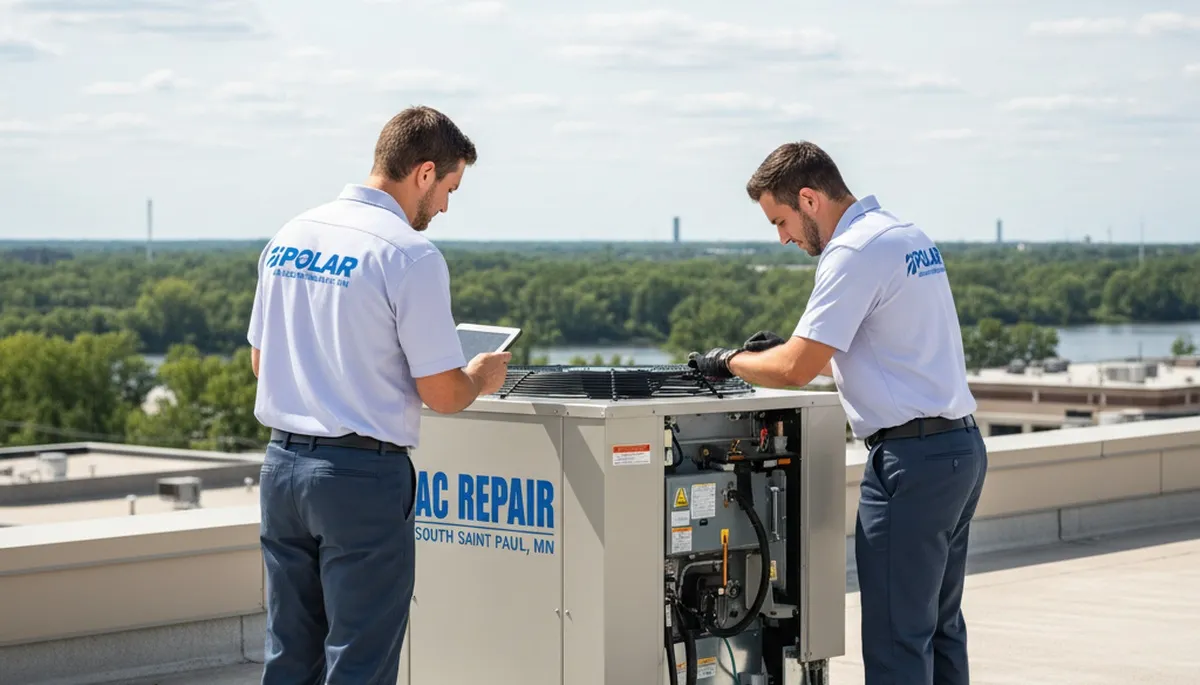 Professional AC repair technician servicing air conditioner in Minneapolis MN home