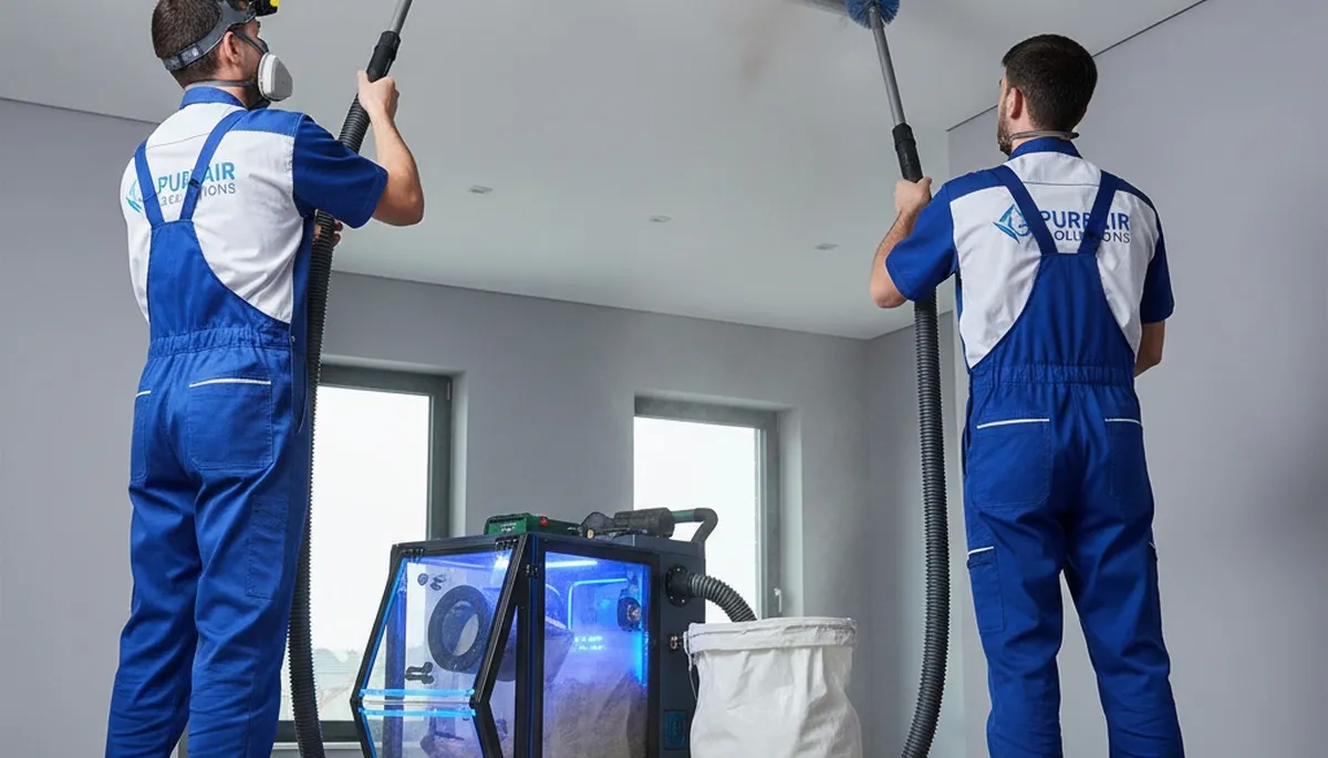 Technician cleaning air ducts for AC system in Minneapolis MN home by Five Star Cooling