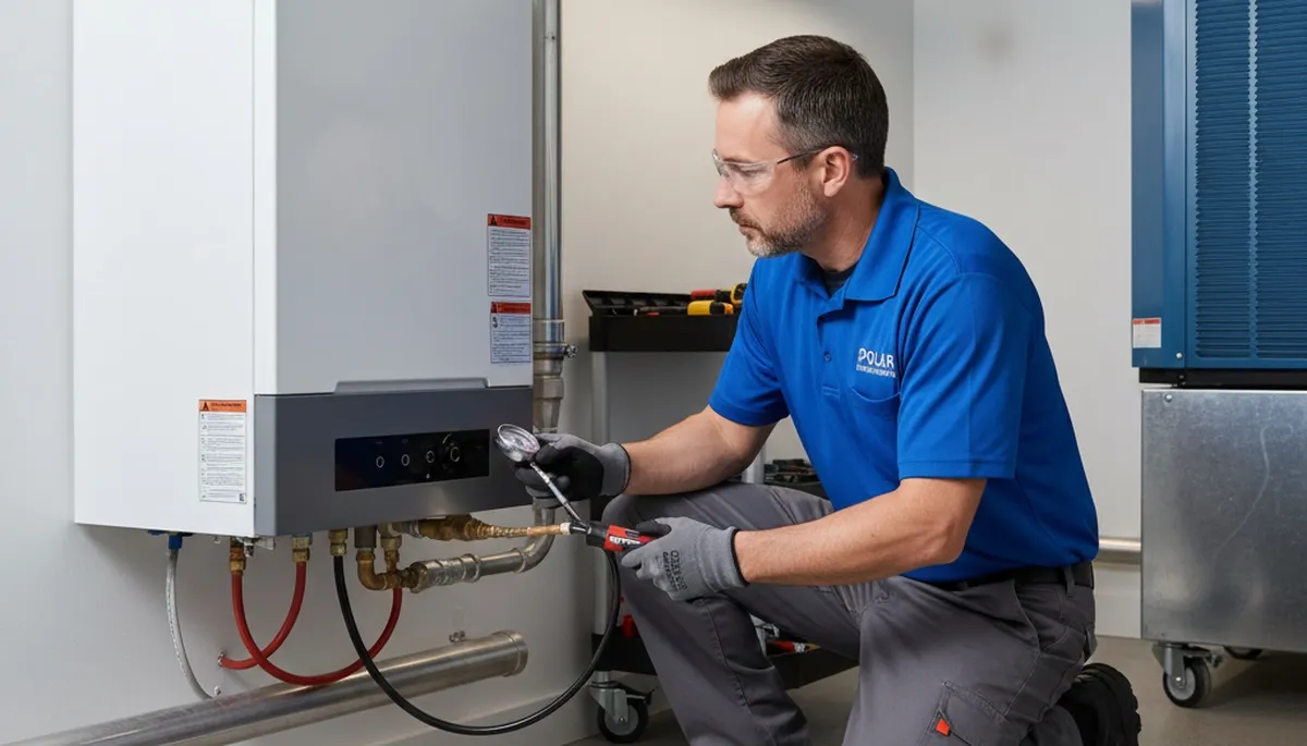 Technician performing boiler repair service in Minneapolis MN home basement heating system