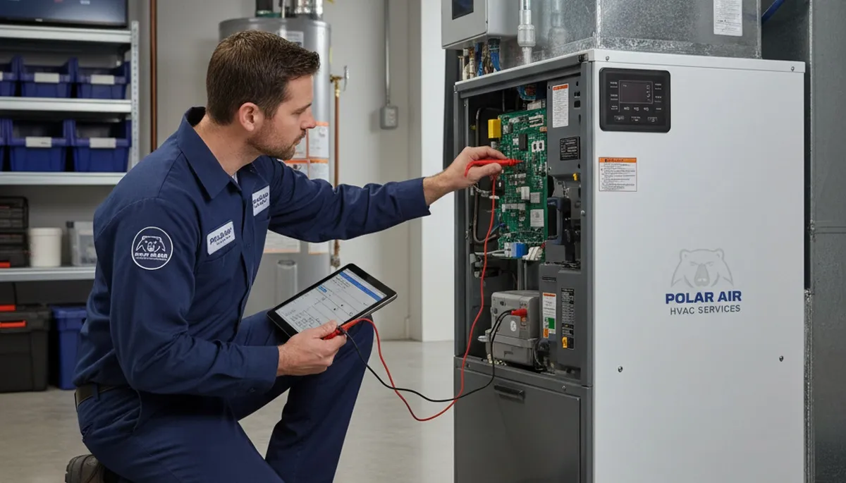 Technician performing furnace repair service in Minneapolis MN home