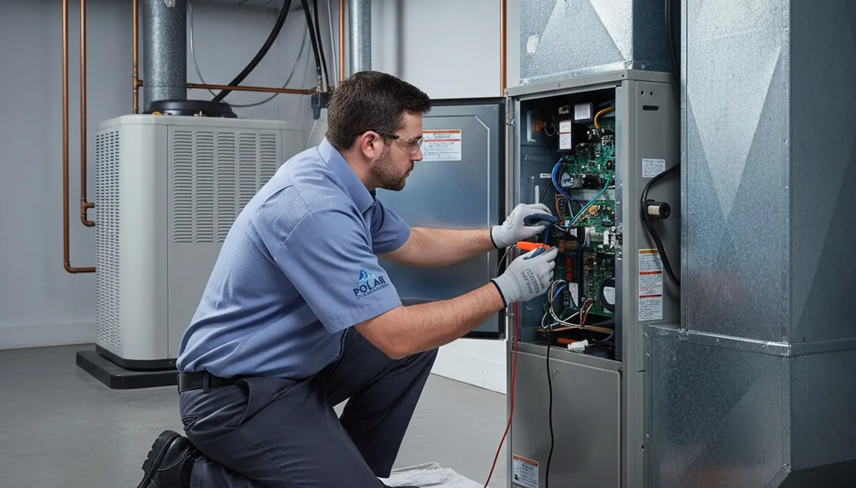 Technician performing furnace repair service in Minneapolis MN home