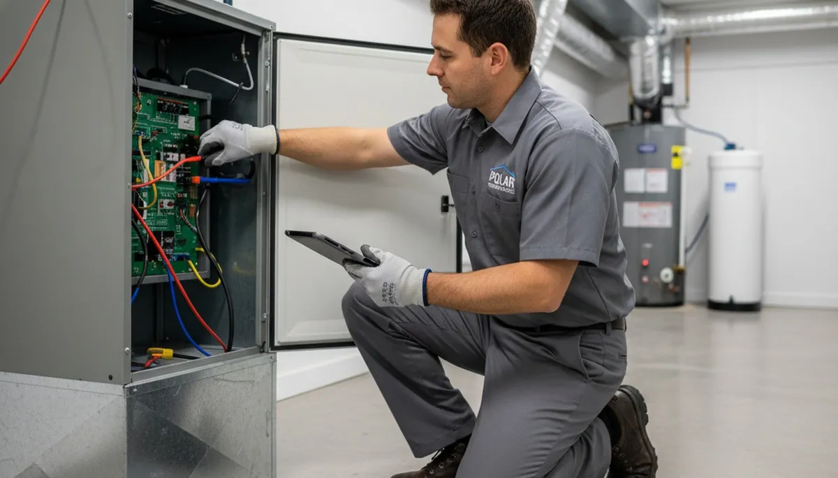HVAC technician performing furnace repair service in Minneapolis MN home